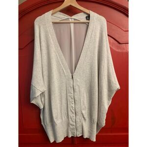Lane Bryant 26/28 Light Heather Grey Sheer Back Zip Front Cardigan Sweater EUC
